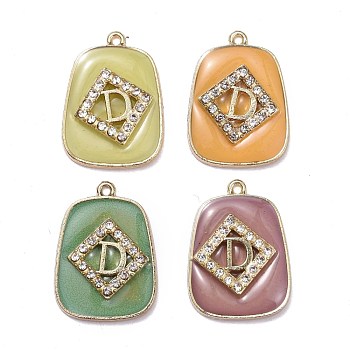 Alloy Rhinestone Pendants, with Epoxy Resin, Trapezoid with Letter, Light Gold, Crystal, Mixed Color, 29x21.5x4~5mm, Hole: 1.5mm