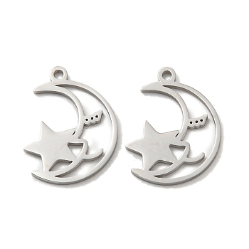 304 Stainless Steel Charms, Moon with Star Charm, Stainless Steel Color, 15x11x1mm, Hole: 1mm
