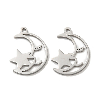 Non-Tarnish 304 Stainless Steel Charms, Moon with Star Charm, Stainless Steel Color, 15x11x1mm, Hole: 1mm