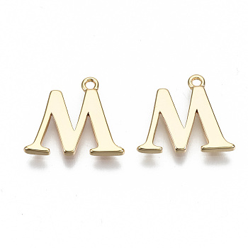 Brass Charms, Nickel Free, Letter, Real 18K Gold Plated, Letter.M, M: 13x15.5x1mm, Hole: 1.2mm