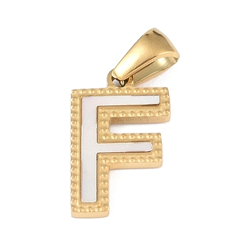 Natural White Shell Alphabet Pendants, Ion Plating(IP) Real 18K Gold Plated 304 Stainless Steel Charms, Letter F, 17x10.5x1.5mm, Hole: 5x3mm