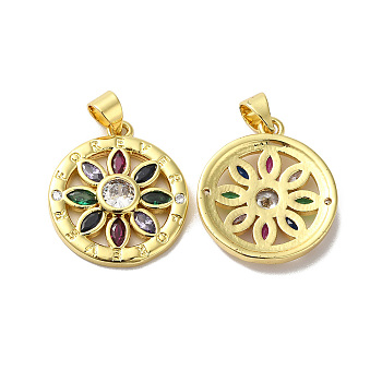 Rack Plating Brass Pave Cubic Zirconia Pendants, Lead Free & Cadmium Free, Real 18K Gold Plated, Long-Lasting Plated, Flat Round with Flower Pattern Charm, Colorful, 20.5x18x3.5mm, Hole: 4x3.5mm