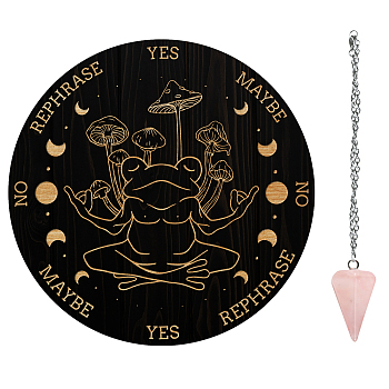 AHADEMAKER Dowsing Divination Supplies Kit, Including PVC Plastic Pendulum Board, 304 Stainless Steel Cable Chain Necklaces, Cone/Spike Natural Rose Quartz Stone Pendants, Frog Pattern, Board: 200x4mm