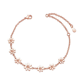 SHEGRACE Brass Link Bracelets, with Cable Chains, Daisy, Rose Gold, 6-1/2 inch(165mm)