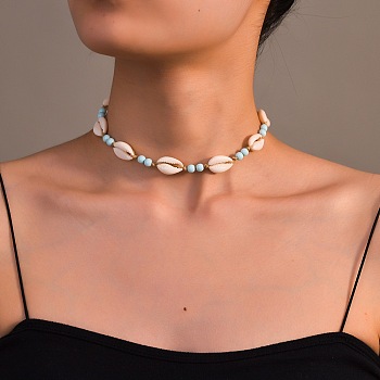 Natural Cowrie Shell & Round Acrylic Beaded Waxed Cord Braided Necklaces for Women, Light Cyan, 25.59 inch(65cm)