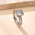 304 Stainless Steel & Crystal Rhinestone Finger Rings, Stainless Steel Color, Square, US Size 7(17.3mm)(WGDB806-02)