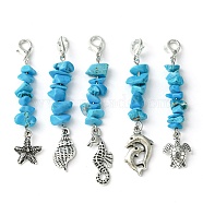 Synthetic Turquoise Chip Bead Pendant Decoration, with Ocean Alloy Charms and Lobster Claw Clasps, Mixed Shapes, Antique Silver & Silver, 58~68mm, 5pcs/set(HJEW-JM01321-S)