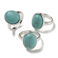 Synthetic Green Turquoise Oval Adjustable Rings, Lead Free & Cadmium Free, Silver Plated Brass Finger Rings for Women Men, Oval: 18x14mm, Inner Diameter: 18mm(RJEW-K371-07S-18)