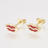 Brass Stud Earrings, with Enamel and Ear Nuts, Lip, Golden, Red, 5x10mm, Pin: 0.7mm(EJEW-S201-178)