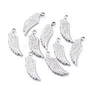 304 Stainless Steel Pendants, Wing, Stainless Steel Color, 25x8.5x1.7mm, Hole: 1.8mm(STAS-K207-38P)