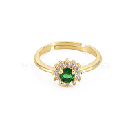 Flat Round Glass Adjustable Ring with Cubic Zirconia, Real 18K Gold Plated Brass Jewelry for Women, Cadmium Free & Lead Free, Dark Green, US Size 6 3/4(17.1mm)(RJEW-S049-009G)