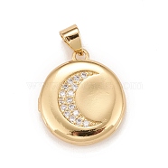 Brass Micro Pave Cubic Zirconia Locket Pendants, Photo Frame Charms for Necklaces, Real 18K Gold Plated, Lead Free & Cadmium Free, Flat Round with Moon, Clear, 18.5x16x4.5mm, Hole: 4mm, Inner Diameter: 11mm(KK-A161-42A-G)