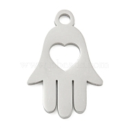 304 Stainless Steel Pendants, Laser Cut, Hamsa Hand with Heart Charm, Stainless Steel Color, 25x16.5x1mm, Hole: 3mm(STAS-B056-16P)