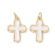 Enamel Pendants, with Real 18K Gold Plated Brass Findings and Jump Ring, Lead Free & Cadmium Free, Cross, White, 18x13x2mm, Jump Ring: 5x0.8mm, 3.4mm Inner Diameter.(KK-E005-26G)
