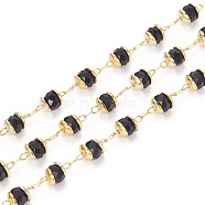Handmade Glass Beaded Chains, with Brass Findings, Long-Lasting Plated, Rondelle, Faceted, Soldered, Golden, Black, 4mm, about 32.8 Feet(10m)/roll(KK-I647-13L)