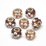 Handmade Lampwork European Beads, Bumpy Lampwork, with Platinum Brass Double Cores, Large Hole Beads, Rondelle with Flower, Coconut Brown, 16x14x10.5mm, Hole: 5mm(LAMP-Q029-03I)