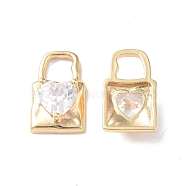 Brass Pendants, with Glass, Padlock with Heart Charm, Real 18K Gold Plated, Clear, 16x10x5mm, Hole: 5x5mm(KK-I702-07G)