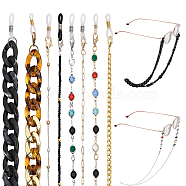 8Pcs 8 Style Iron & Plastic & Acrylic Curb Chains Neck Strap for Eyeglasses, Round Beaded Eyeglasses Chains, Golden Brass Satellite Chains with Rubber Loop Ends, Mixed Color, 70~76cm, 1Pc/style(AJEW-GL0001-66)