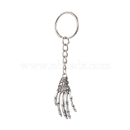 Halloween Themed Skull Hand Alloy Keychain, with Iron Split Key Rings, Antique Silver & Platinum, 9.5cm(KEYC-JKC00860)