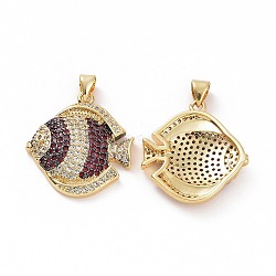 Brass Micro Pave Clear Cubic Zirconia Pendants, Fish, Cerise, 25x23x4mm, Hole: 3.5x5mm(ZIRC-F135-04G-02)