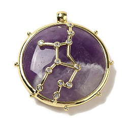 Constellation Natural Amethyst Pendants, Brass Flat Round Charms, Golden, Virgo, 32x30x9mm, Hole: 2mm(G-A300-E08)