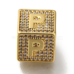 Brass Cubic Zirconia Beads, Letter P, Square, Letter P, 9.5x9.5x9.5mm, Hole: 6mm(KK-Q818-01P-G)