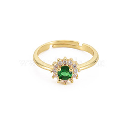 Flat Round Glass Adjustable Ring with Cubic Zirconia, Real 18K Gold Plated Brass Jewelry for Women, Cadmium Free & Lead Free, Dark Green, US Size 6 3/4(17.1mm)(RJEW-S049-009G)