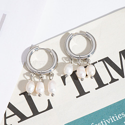 Fashionable 304 Stainless Steel Rice Chandelier Earrings, with Imitation Pearl, Platinum, 12.1x3.1mm(HF3347-2)