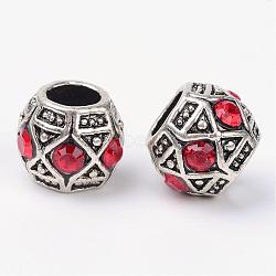 Alloy Rhinestone Rondelle Large Hole European Beads, Antique Silver, Light Siam, 11x9mm, Hole: 5mm(MPDL-R036-80C)