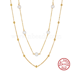 925 Sterling Silver with Natural Pearl Beads Necklaces, Round, Real 14K Gold Plated, 15.79 inch(40.1cm)(NJEW-Z030-01G)