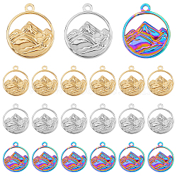 18Pcs 3 Colors 304 Stainless Steel Pendants, Flat Round with Mountain Charm, Mixed Color, 24x20x3mm, Hole: 1.8mm, 6pcs/color(STAS-DC0012-87)