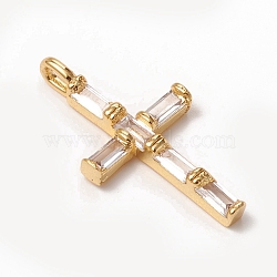 Brass Micro Pave Clear Cubic Zirconia Pendants, Long-Lasting Plated, Cross, Golden, 24x12.5x3mm, Hole: 3x2mm(X-KK-I668-22G)