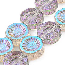 Half Rainbow Plated Electroplate Glass Transparent Beads Strands, Flower, Light Sky Blue, 14x14.5x5.5mm, Hole: 1.2mm, about 45pcs/strand, 25.83 inch(65.6cm)(EGLA-G037-10A-HR02)