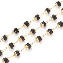 Handmade Glass Beaded Chains, with Brass Findings, Long-Lasting Plated, Rondelle, Faceted, Soldered, Golden, Black, 4mm, about 32.8 Feet(10m)/roll(KK-I647-13L)