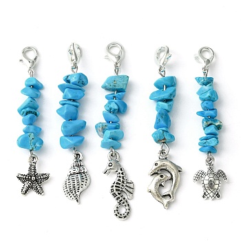 Synthetic Turquoise Chip Bead Pendant Decoration, with Ocean Alloy Charms and Lobster Claw Clasps, Mixed Shapes, Antique Silver & Silver, 58~68mm, 5pcs/set
