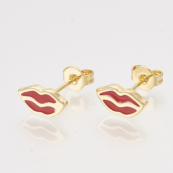 Brass Stud Earrings, with Enamel and Ear Nuts, Lip, Golden, Red, 5x10mm, Pin: 0.7mm