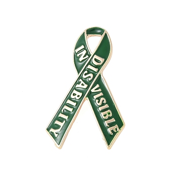 Awareness Ribbon with Word Disability & Invisible Enamel Pins, Alloy Brooches for The Disabled, Green, 43x26mm