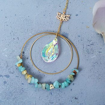 Double Round Ring Chip Natural Flower Amazonite Window Hanging Pendant Decorations, with Glass & Iron Findings, 280mm
