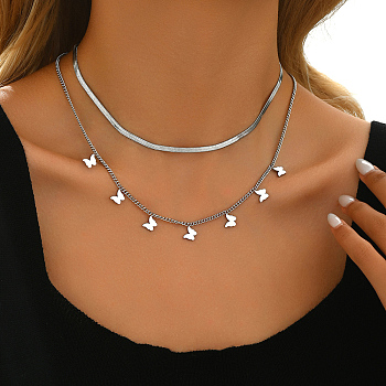 Silver Double Layer Butterfly Hip-hop Sweet Design Collarbone Chain Women's Fashion Necklace.