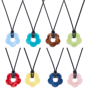 8Pcs 8 Colors Acrylic Flower Pendant Necklaces Set, Mixed Color, 14.84 inch(37.7cm), 1Pc/color