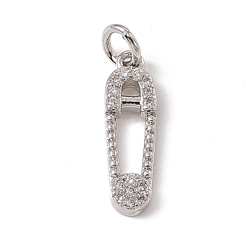 Brass Micro Pave Cubic Zirconia Pendants, with Jump Rings, Safety Pin Charm, Platinum, 16.5x5x2mm, Hole: 2.7mm