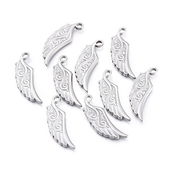 304 Stainless Steel Pendants, Wing, Stainless Steel Color, 25x8.5x1.7mm, Hole: 1.8mm