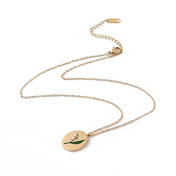 Enamel Oval with Birth Flower Pendant Necklace, Golden 304 Stainless Steel Jewelry for Women, May Lily of the Valley, 15.67~16.26 inch(39.8~41.3cm)