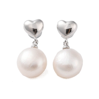 925 Sterling Silver Studs Earring, with Natural Pearl, Heart, Platinum, 22x11mm