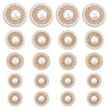 WADORN 4 Style Zinc Alloy Shank Buttons, 1-Hole, with Plastic Imitation Pearls, for Garment Accessories, Flat Round, Golden, 15~25x4.5~7.5mm, Hole: 1.8~1.9mm, 20pcs/box