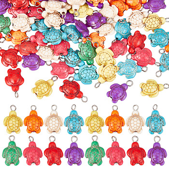 Dyed Synthetic Turquoise Pendants, with Platinum Tone Iron Loops, Tortoise Charms, Mixed Color, 22x14x7mm, Hole: 3mm, 100pcs/box