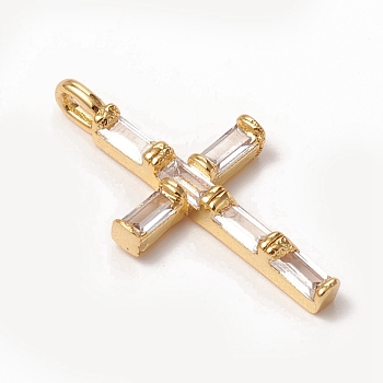 Brass Micro Pave Clear Cubic Zirconia Pendants, Long-Lasting Plated, Cross, Golden, 24x12.5x3mm, Hole: 3x2mm