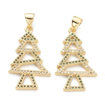 Brass Micro Pave Cubic Zirconia Pendants, Long-Lasting Plated, Real 18K Gold Plated, Christmas Tree, Colorful, 27x15.7x2mm, Hole: 5x3.3mm