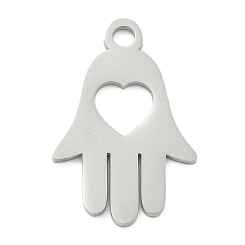 304 Stainless Steel Pendants, Laser Cut, Hamsa Hand with Heart Charm, Stainless Steel Color, 25x16.5x1mm, Hole: 3mm