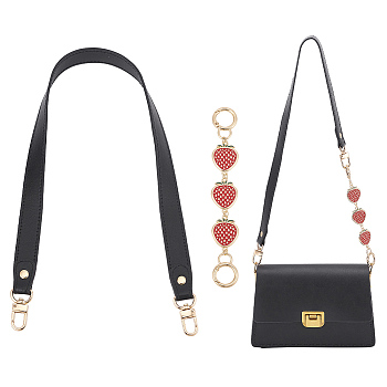 WADORN 1Pc PU Leather Bag Straps, with Alloy Swivel Clasps, with 1Pc Alloy Enamel Strawberry Link Purse Strap Extenders, Black, 17.8~60cm